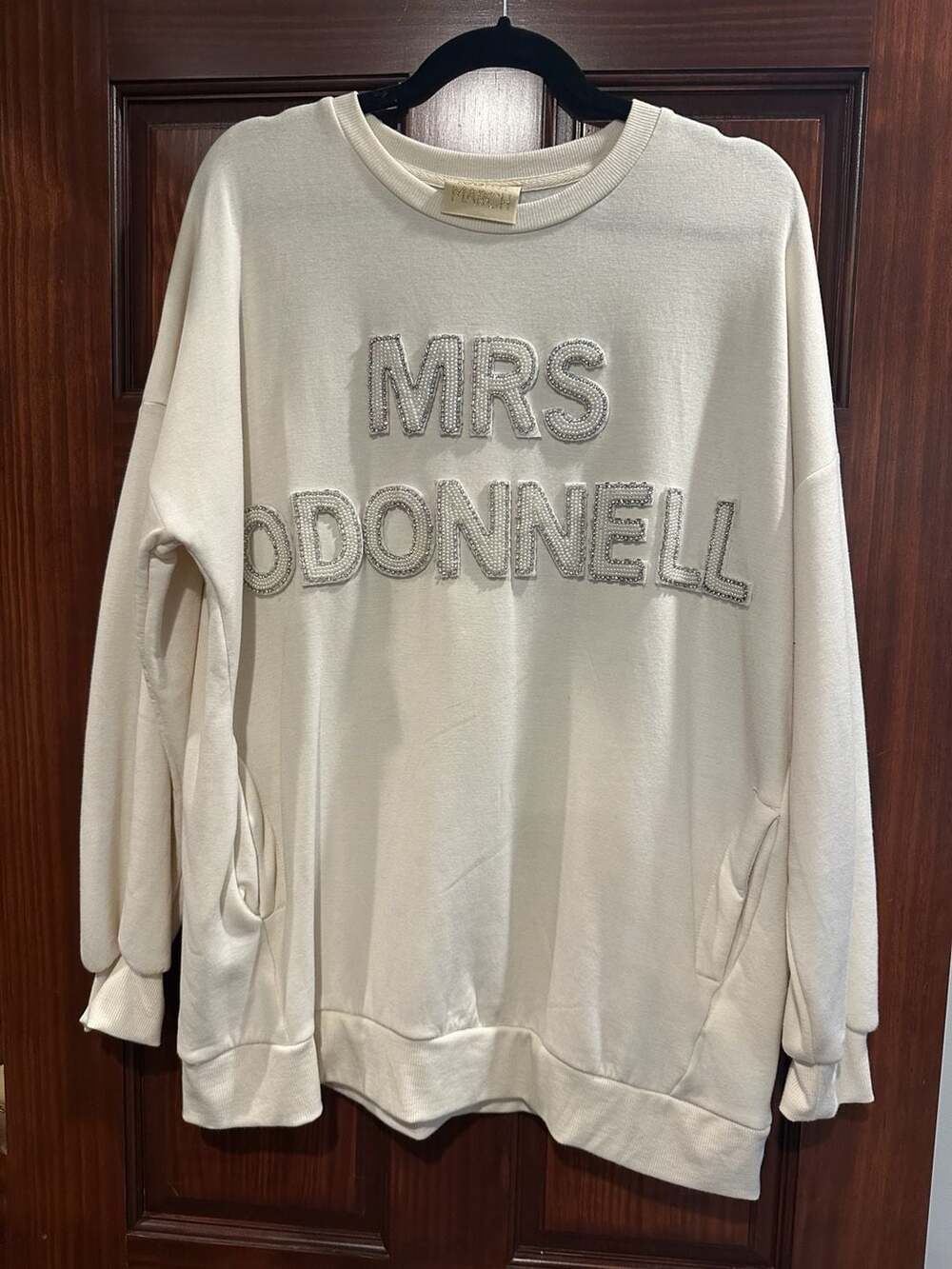 Judith March bride MRS ODONNELL White Sweatshirt Pearl Rhinestone Patches